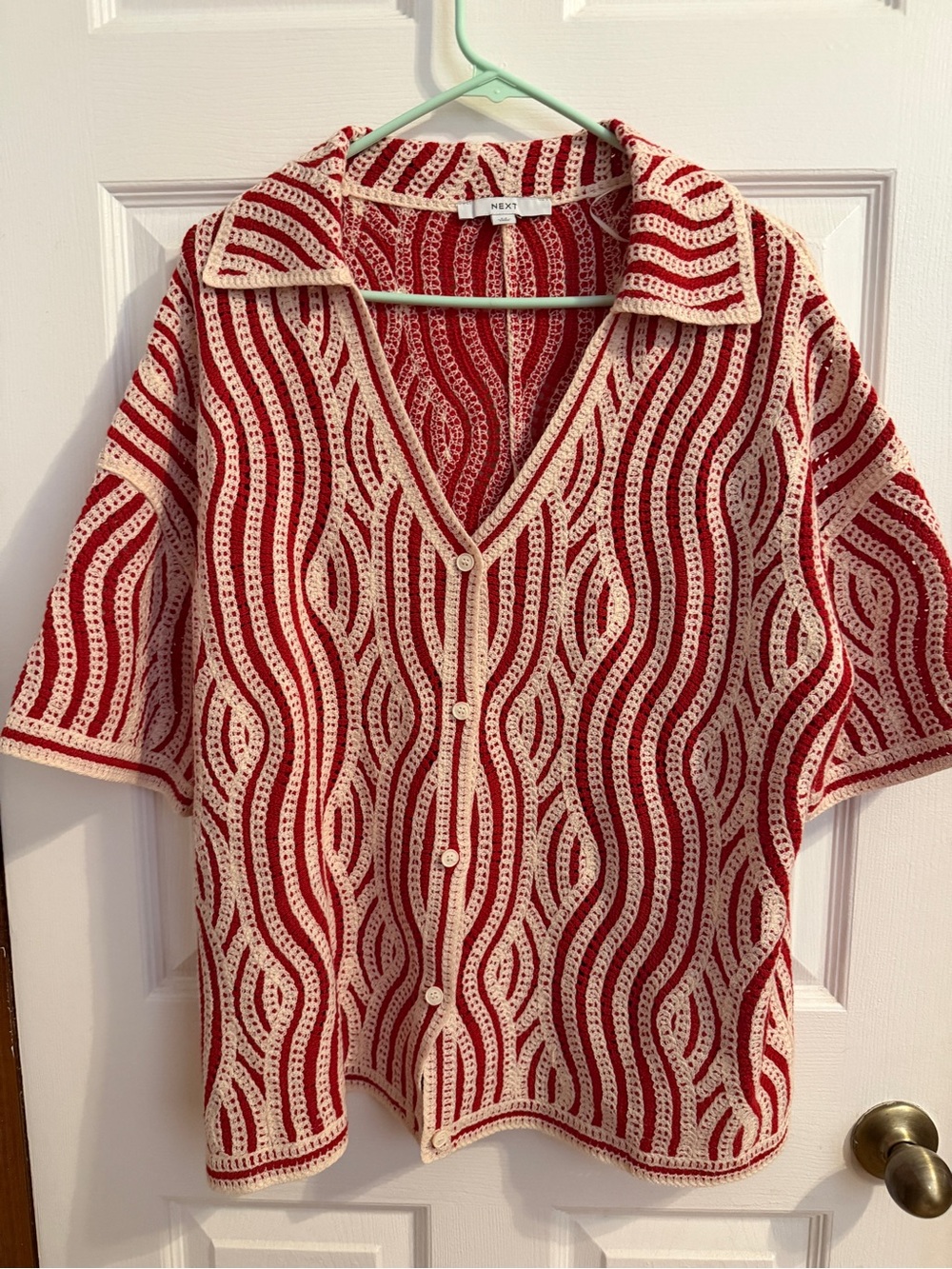 next Red & Cream Crochet-Style Short Sleeve Button Cardigan